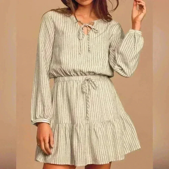 Lulus A Walk In the Park Beige Striped Long Sleeve Skater Dress Size Large - Picture 1 of 3